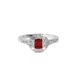 Anillo De Compromiso Halo Rubi Baguette Hal-018 Oro Blanco 18K Esmeralda 1 Rubi Cultivado en Laboratorio