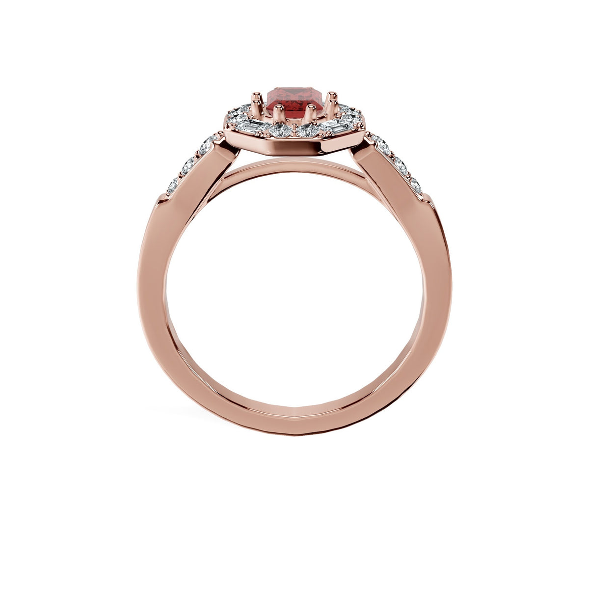 Anillo De Compromiso Halo Rubi Baguette Hal-018 Oro Rosado 18K Esmeralda 1 Rubi Cultivado en Laboratorio
