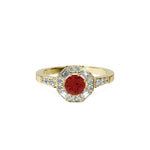 Anillo De Compromiso Halo Rubi Baguette Hal-018 Oro Amarillo 18K Redondo 1.5 Rubi Cultivado en Laboratorio