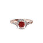 Anillo De Compromiso Halo Rubi Baguette Hal-018 Oro Rosado 18K Redondo 1.5 Rubi Cultivado en Laboratorio
