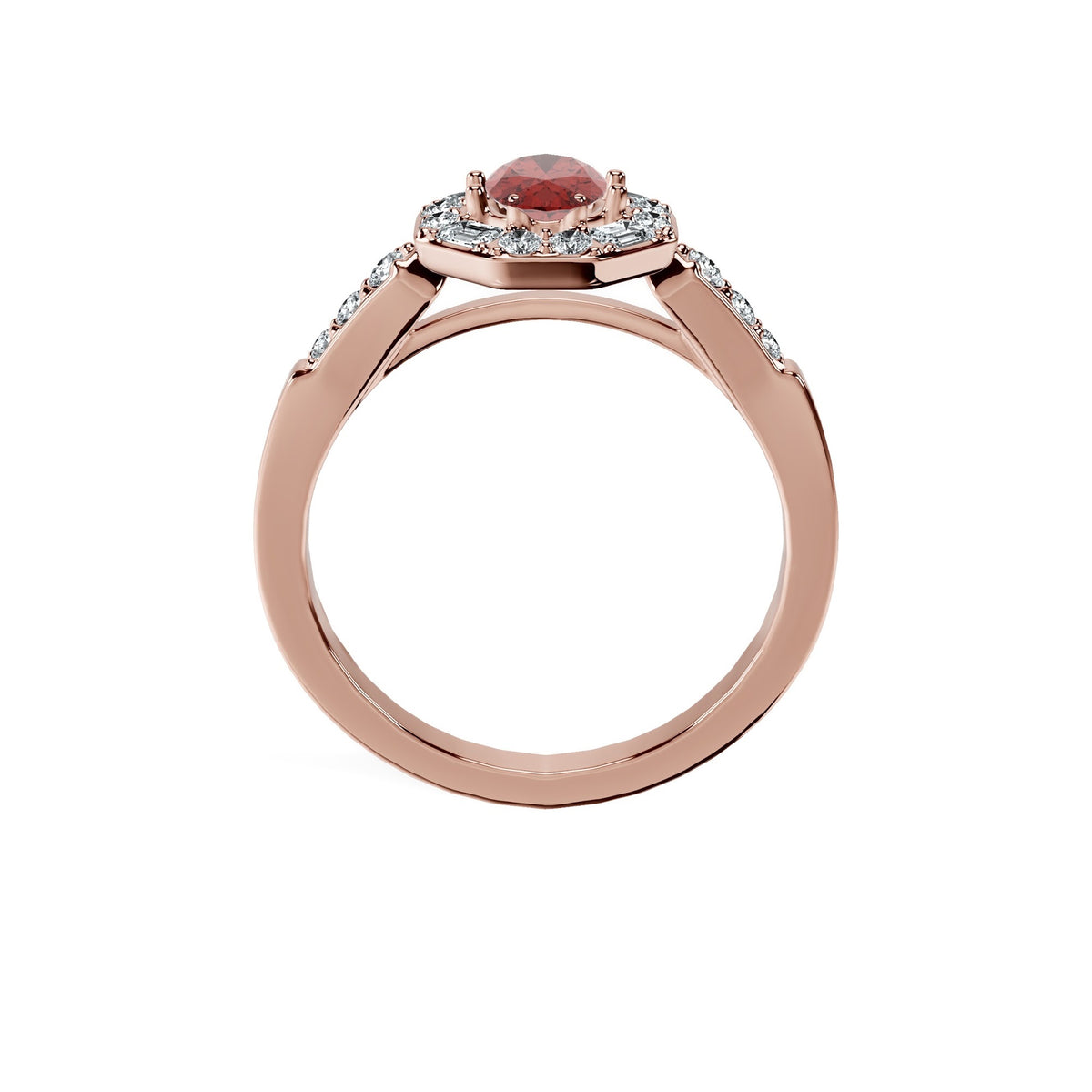 Anillo De Compromiso Halo Rubi Baguette Hal-018 Oro Rosado 18K Oval 1.5 Rubi Cultivado en Laboratorio