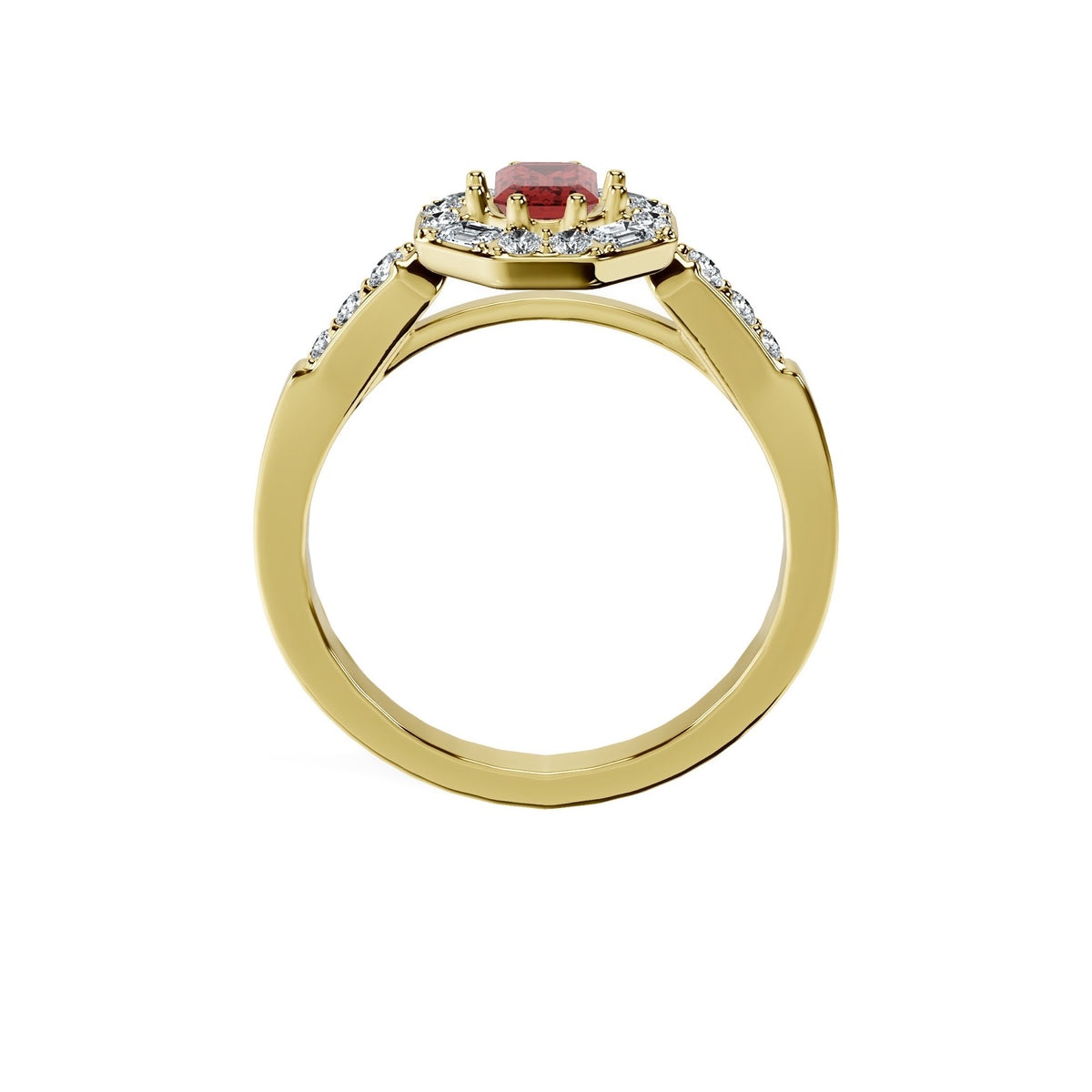 Anillo De Compromiso Halo Rubi Baguette Hal-018 Oro Amarillo 18K Esmeralda 1.5 Rubi Cultivado en Laboratorio