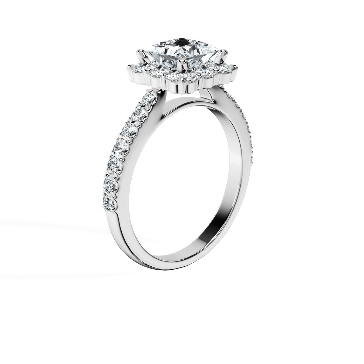 Anillo De Compromiso Halo Diamante Floral Hal-008 Oro Blanco 18K Princesa 0.2 Diamante Cultivado en Laboratorio