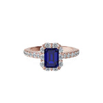 Anillo De Compromiso Halo Zafiro Azul Floral Hal-008 Oro Rosado 18K Esmeralda 1.5 Zafiro Azul Natural