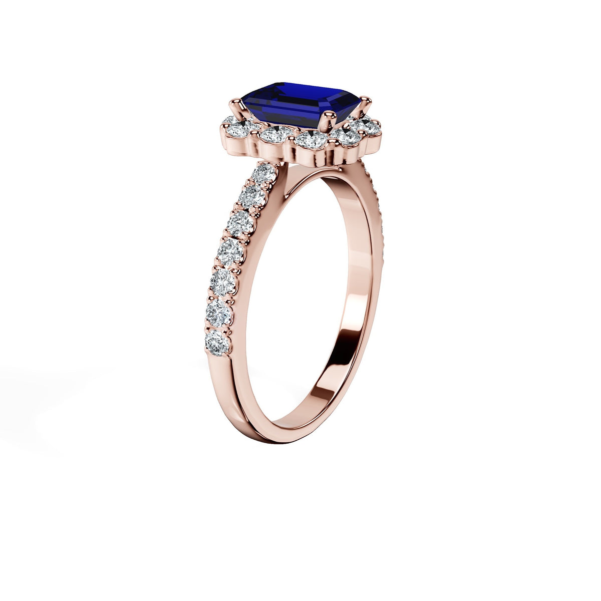 Anillo De Compromiso Halo Zafiro Azul Floral Hal-008 Oro Rosado 18K Esmeralda 1.5 Zafiro Azul Natural