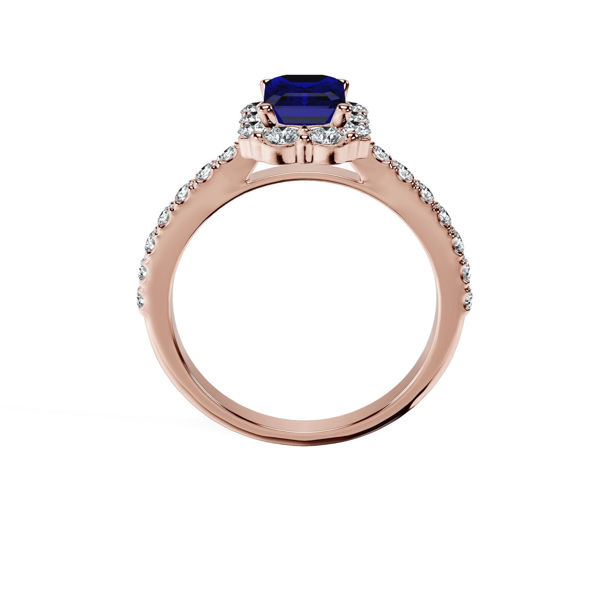 Anillo De Compromiso Halo Zafiro Azul Floral Hal-008 Oro Rosado 18K Esmeralda 1.5 Zafiro Azul Natural