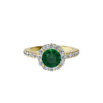 Anillo De Compromiso Halo Esmeralda Floral Hal-008 Oro Amarillo 18K Redondo 1 Esmeralda Natural