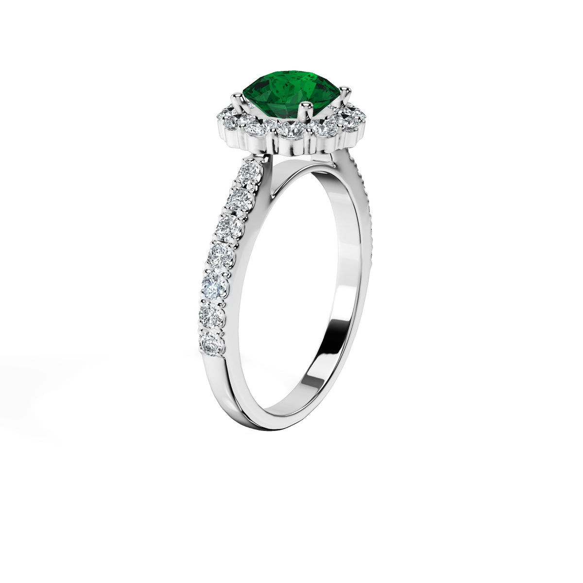 Anillo De Compromiso Halo Esmeralda Floral Hal-008 Oro Blanco 18K Redondo 1 Esmeralda Natural