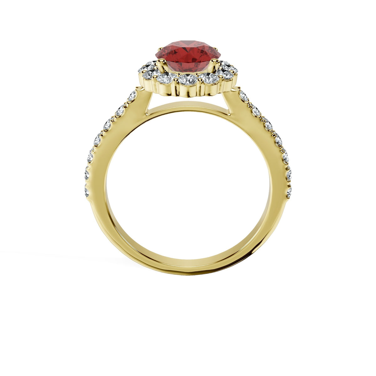 Anillo De Compromiso Halo Rubi Floral Hal-008 Oro Amarillo 18K Redondo 0.5 Rubi Natural