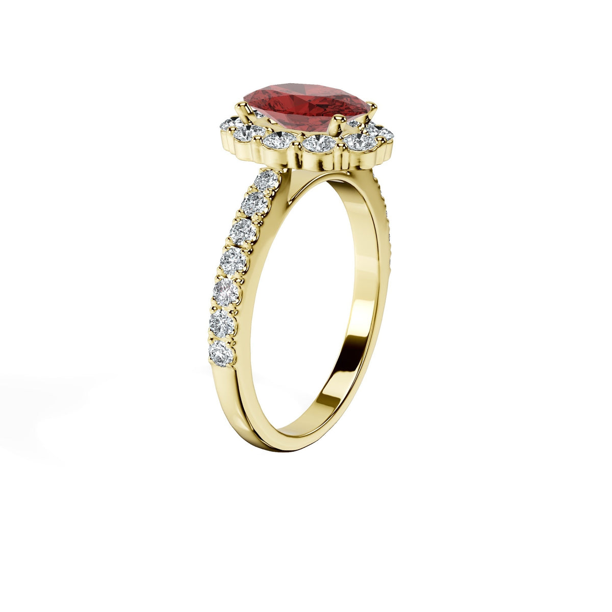 Anillo De Compromiso Halo Rubi Floral Hal-008 Oro Amarillo 18K Oval 1.5 Rubi Natural