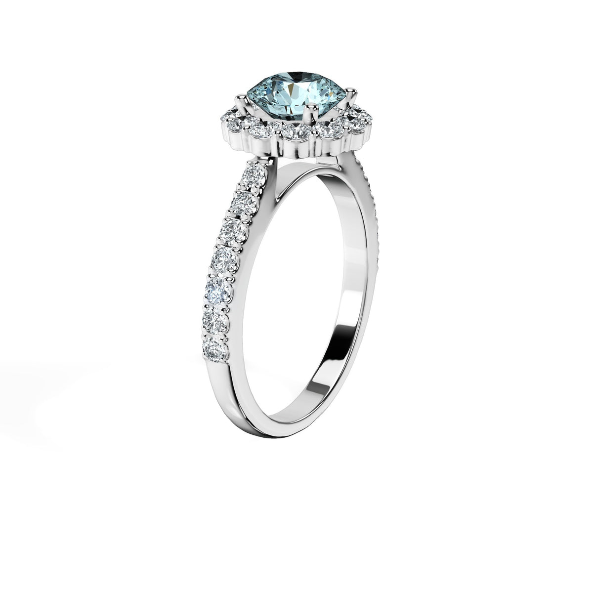 Anillo De Compromiso Halo Aguamarina Floral Hal-008 Oro Blanco 18K Redondo 0.5 Aguamarina Natural