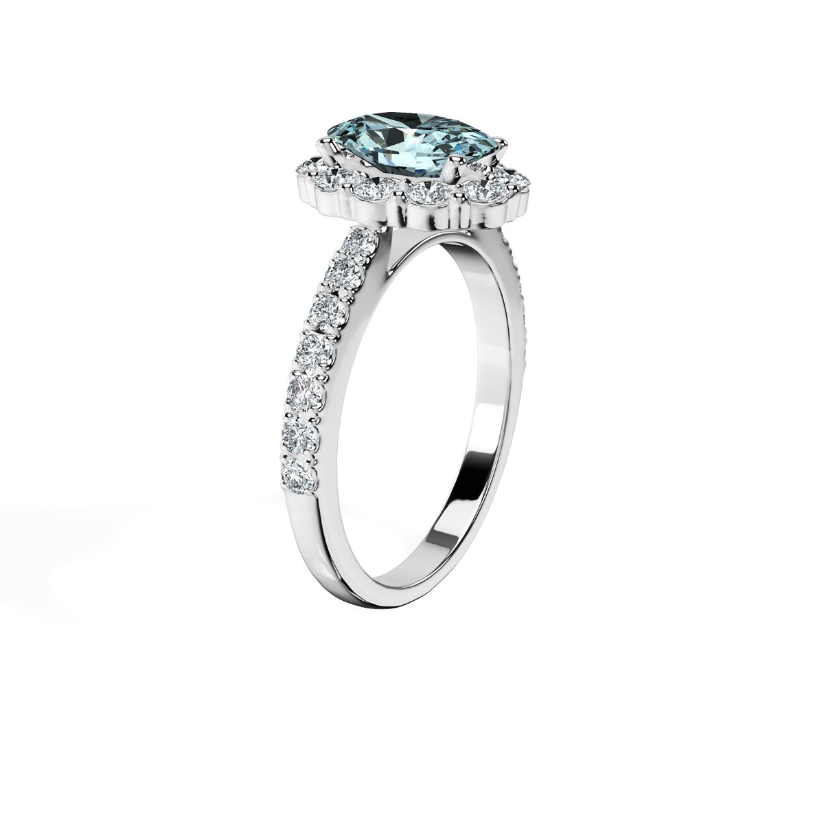 Anillo De Compromiso Halo Aguamarina Floral Hal-008 Oro Blanco 18K Oval 1 Aguamarina Natural