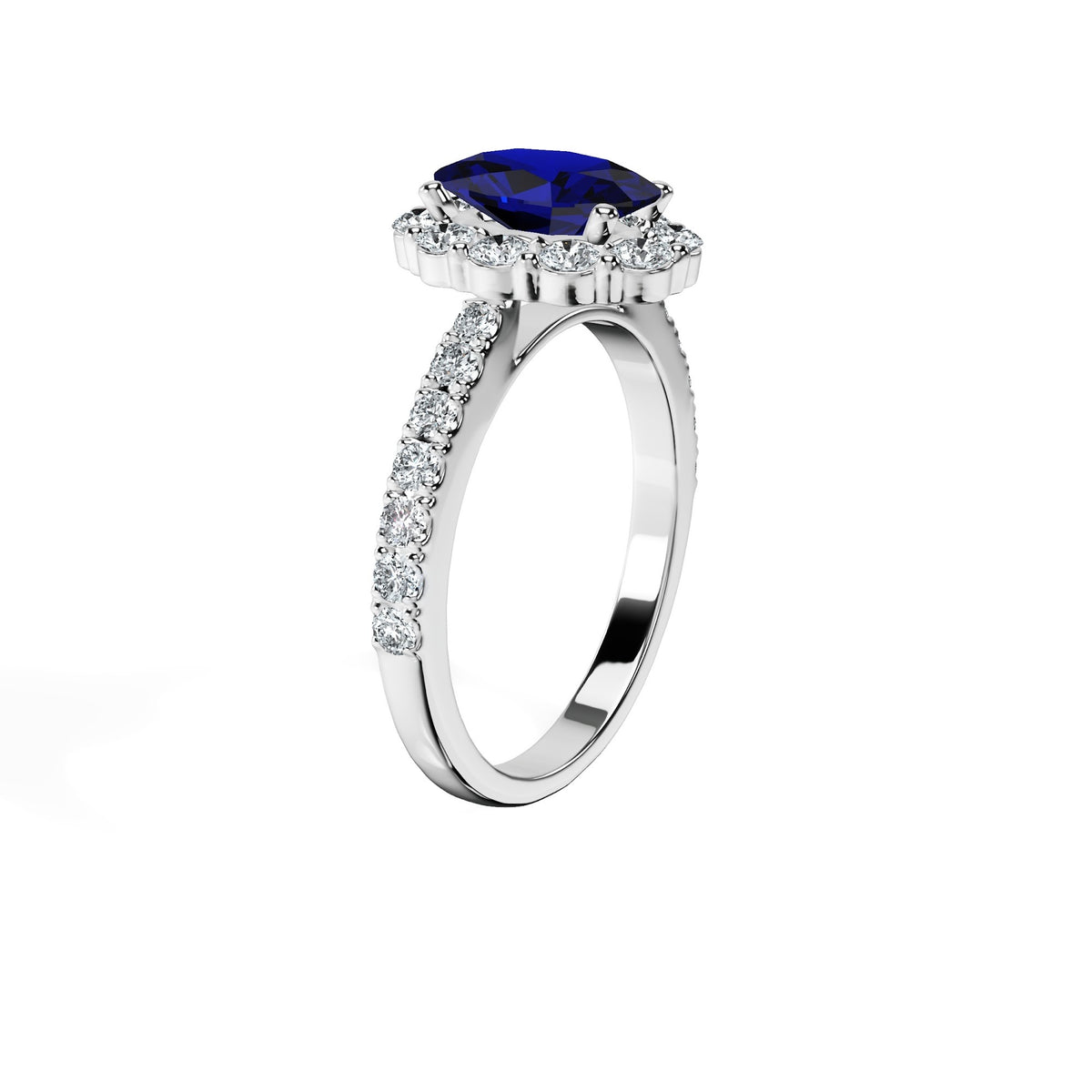 Anillo De Compromiso Halo Zafiro Azul Floral Hal-008 Oro Blanco 18K Oval 1.5 Zafiro Azul Cultivado en Laboratorio