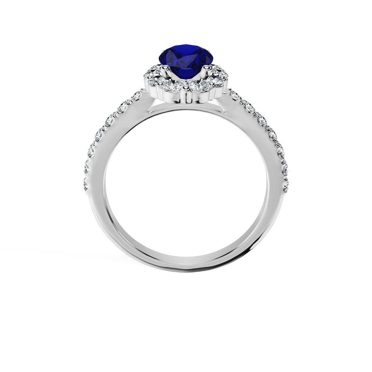 Anillo De Compromiso Halo Zafiro Azul Floral Hal-008 Oro Blanco 18K Oval 1.5 Zafiro Azul Cultivado en Laboratorio