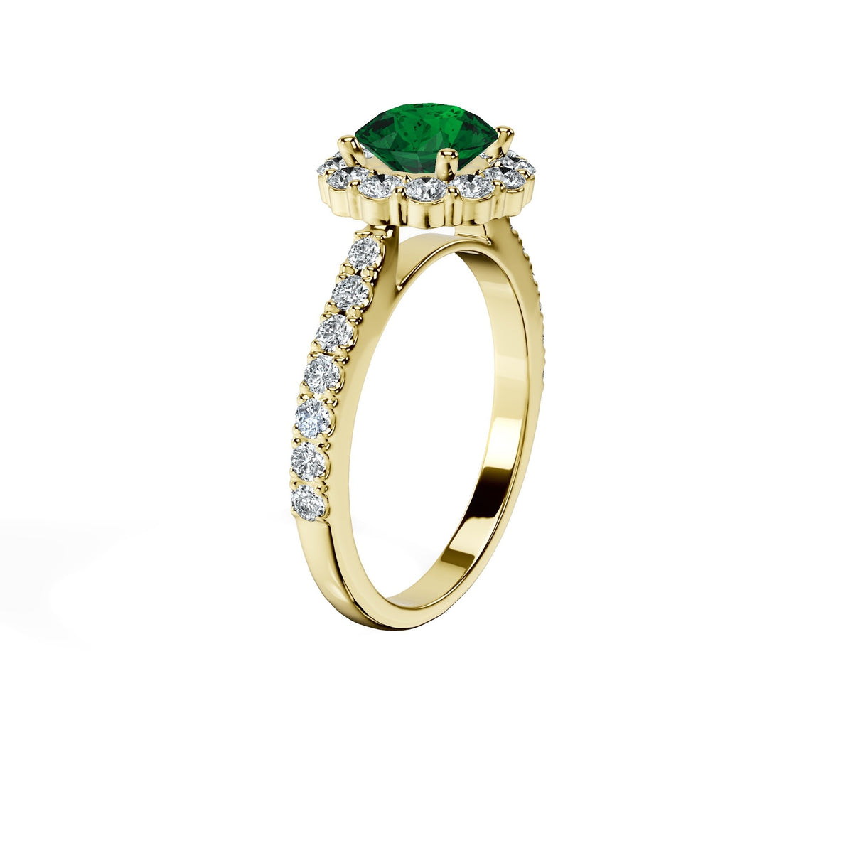 Anillo De Compromiso Halo Esmeralda Floral Hal-008 Oro Amarillo 18K Redondo 1.5 Esmeralda Cultivado en Laboratorio