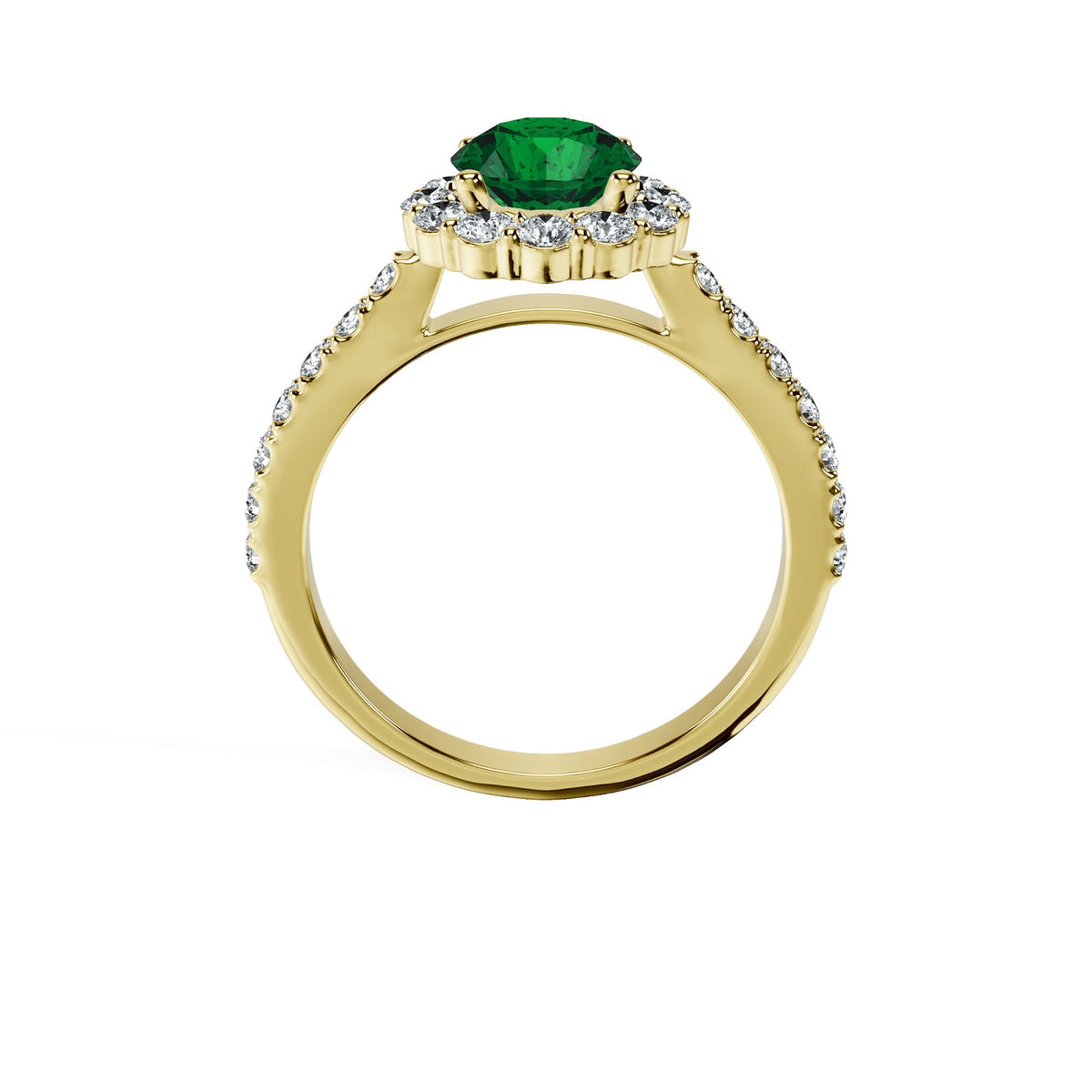 Anillo De Compromiso Halo Esmeralda Floral Hal-008 Oro Amarillo 18K Redondo 1.5 Esmeralda Cultivado en Laboratorio