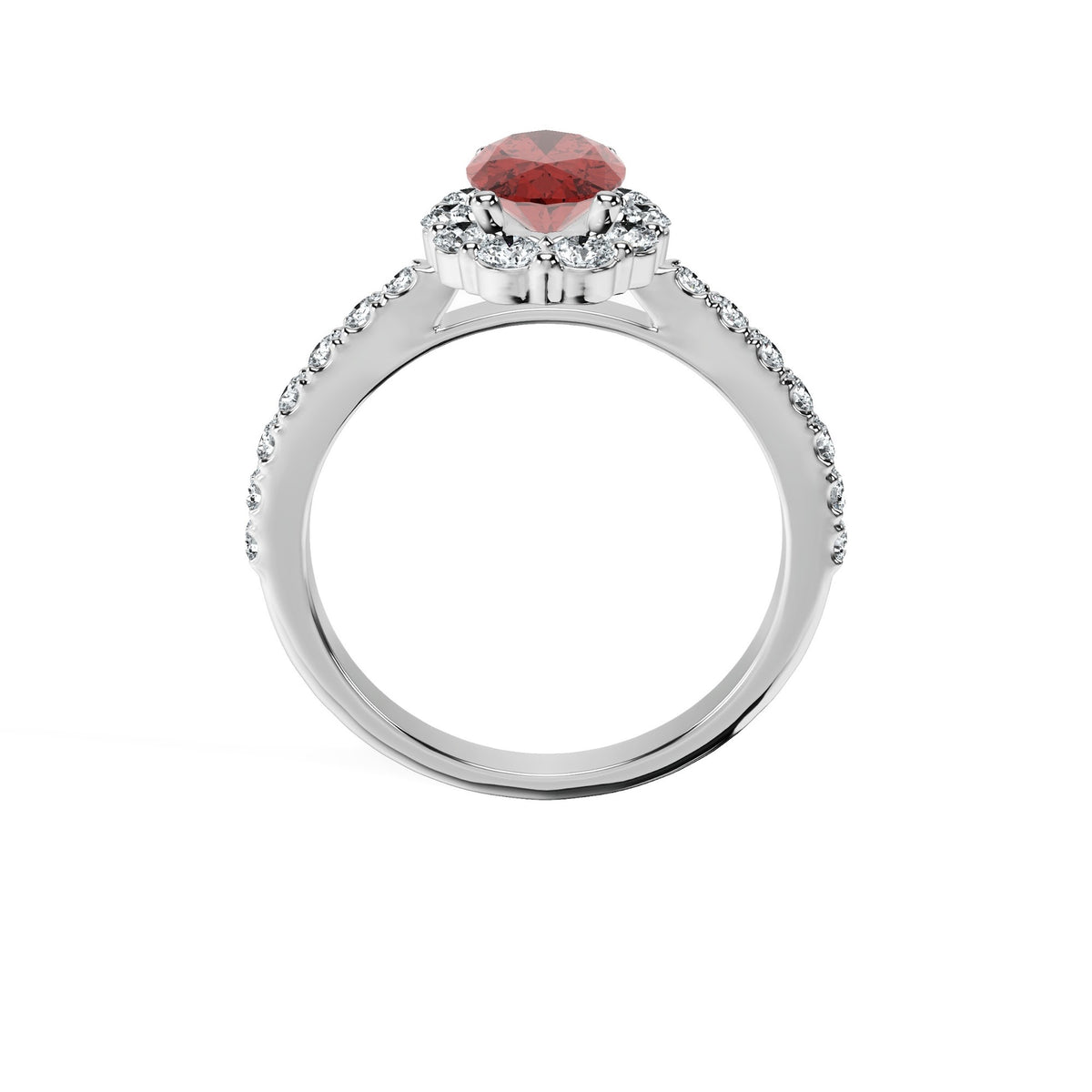 Anillo De Compromiso Halo Rubi Floral Hal-008 Oro Blanco 18K Oval 1 Rubi Cultivado en Laboratorio