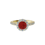 Anillo De Compromiso Halo Rubi Floral Hal-008 Oro Amarillo 18K Redondo 1.5 Rubi Cultivado en Laboratorio