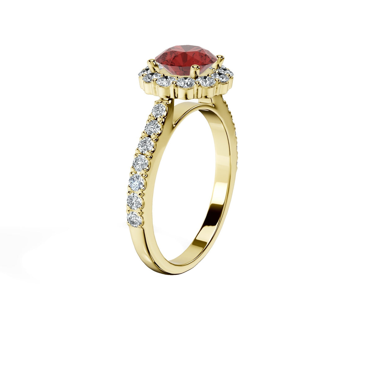 Anillo De Compromiso Halo Rubi Floral Hal-008 Oro Amarillo 18K Redondo 1.5 Rubi Cultivado en Laboratorio