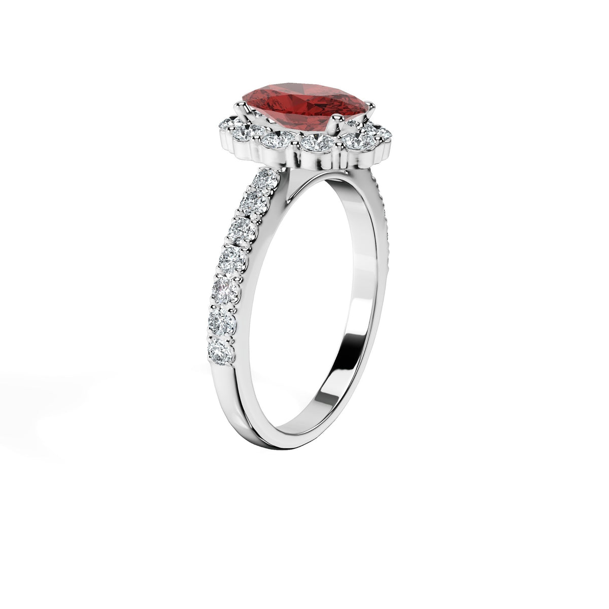 Anillo De Compromiso Halo Rubi Floral Hal-008 Oro Blanco 18K Oval 1.5 Rubi Cultivado en Laboratorio