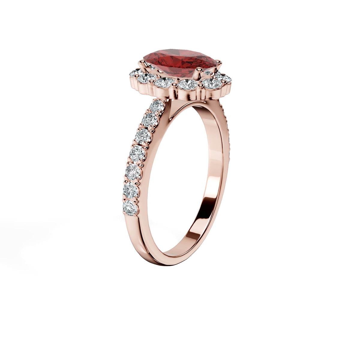 Anillo De Compromiso Halo Rubi Floral Hal-008 Oro Rosado 18K Oval 1.5 Rubi Cultivado en Laboratorio