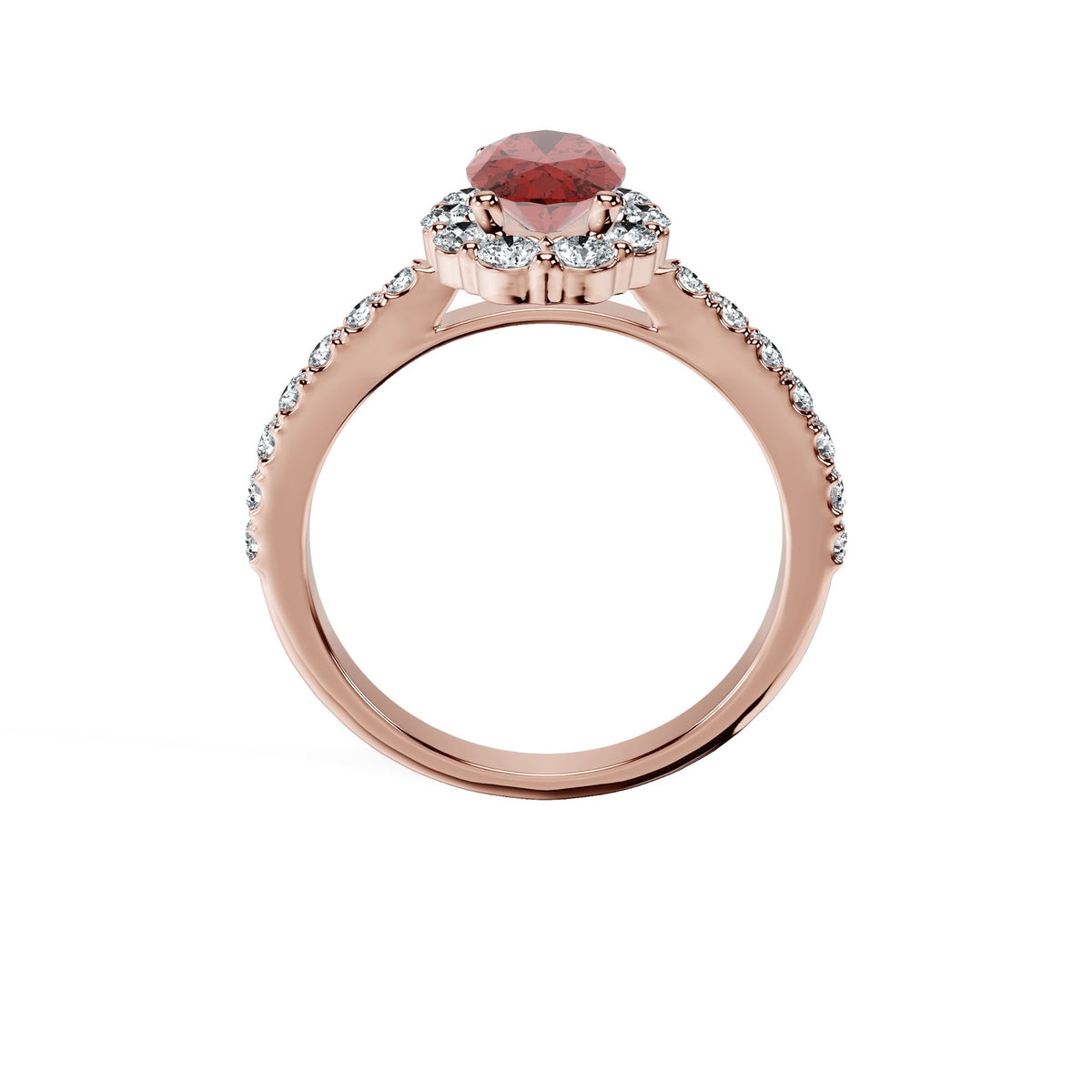 Anillo De Compromiso Halo Rubi Floral Hal-008 Oro Rosado 18K Oval 1.5 Rubi Cultivado en Laboratorio
