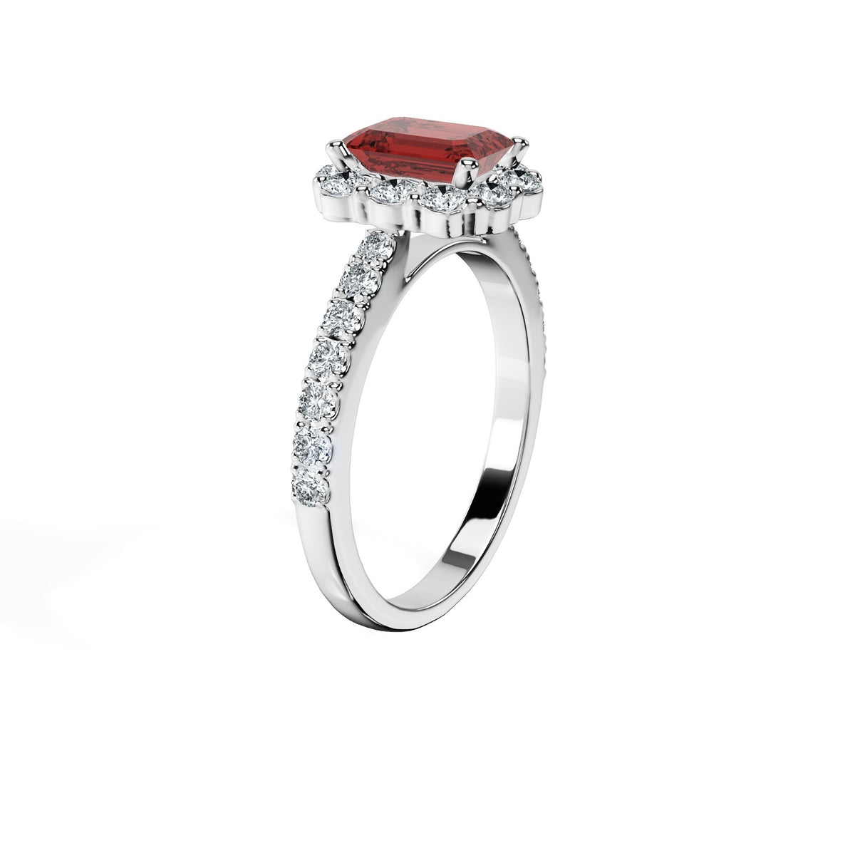 Anillo De Compromiso Halo Rubi Floral Hal-008 Oro Blanco 18K Esmeralda 1.5 Rubi Cultivado en Laboratorio