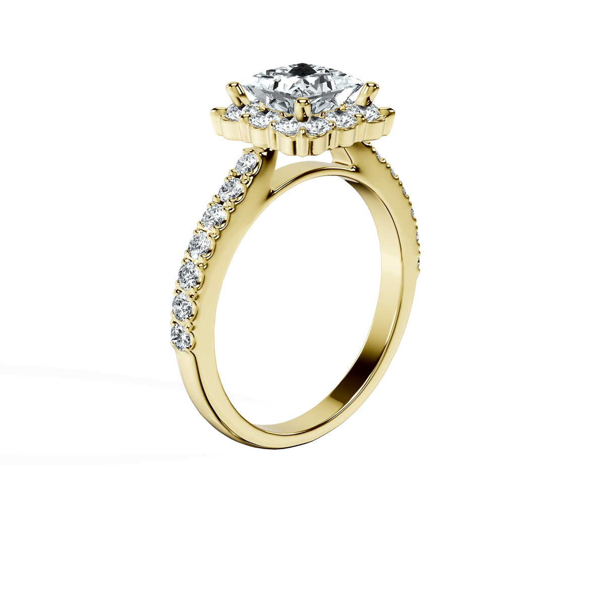 Anillo De Compromiso Halo Diamante Floral Hal-008 Oro Amarillo 18K Princesa 0.2 Diamante Cultivado en Laboratorio