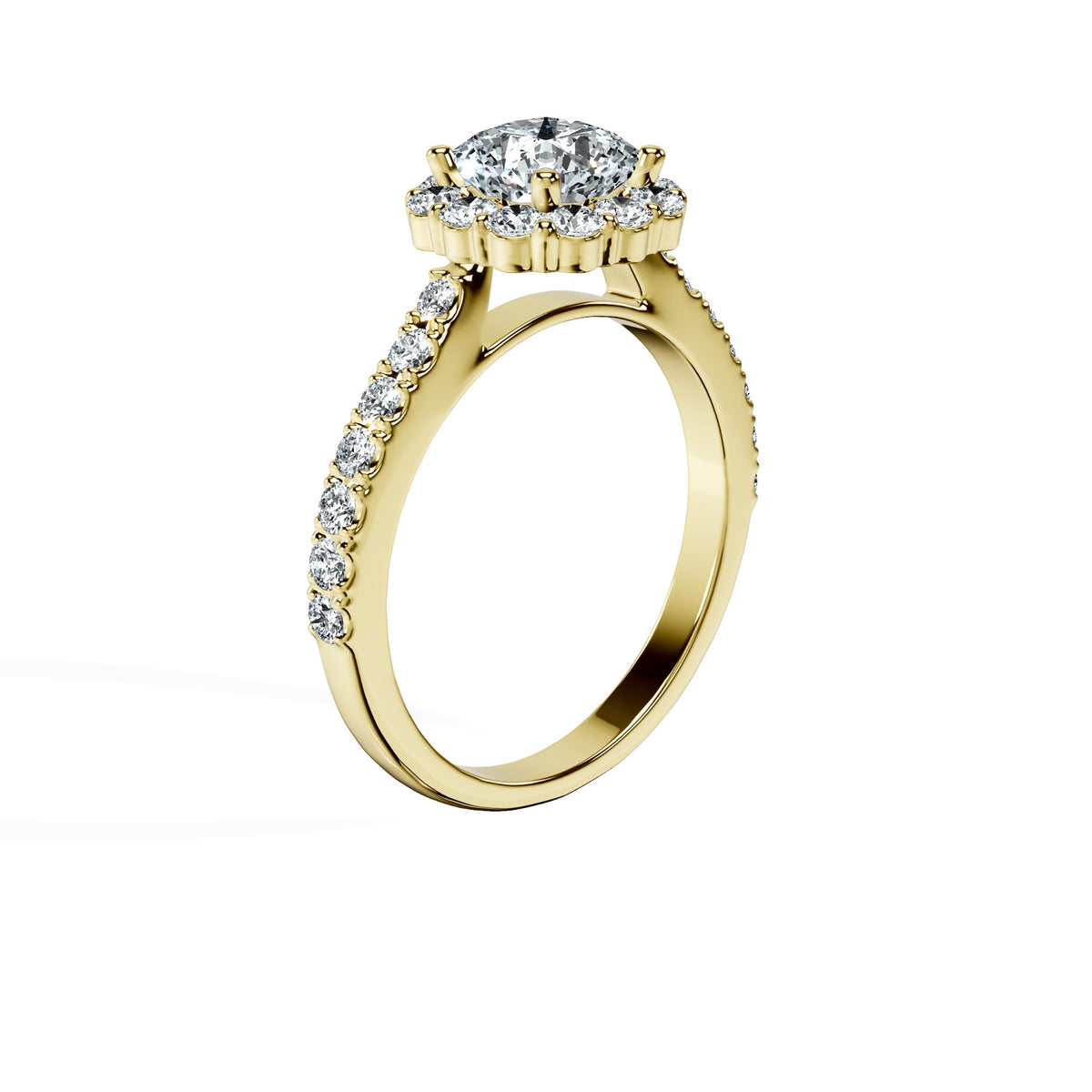 Anillo De Compromiso Halo Diamante Floral Hal-008 Oro Amarillo 18K Cojin 0.2 Diamante Cultivado en Laboratorio