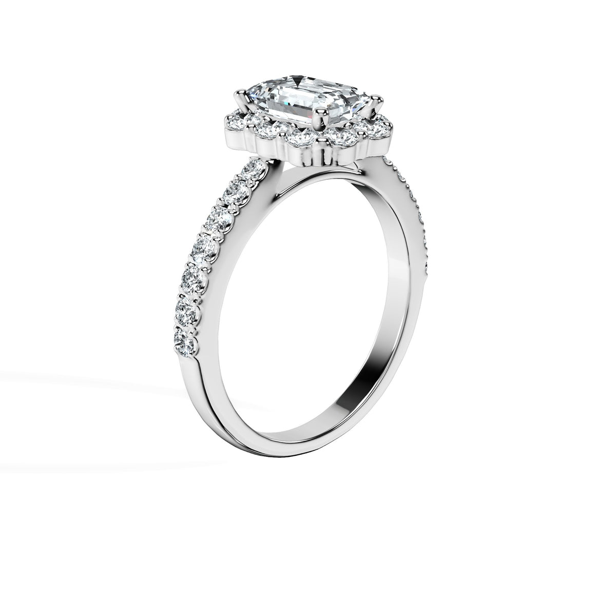 Anillo De Compromiso Halo Diamante Floral Hal-008 Oro Blanco 18K Esmeralda 0.5 Diamante Natural