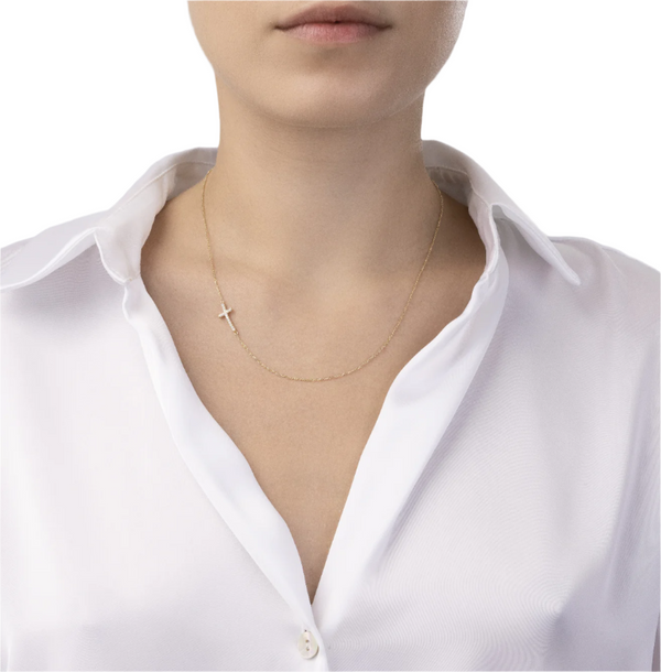 Collar de Oro Blanco 14K con Cruz y Circonita