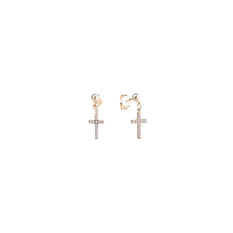 Aros Cruz de Oro Amarillo 14K con Circonita