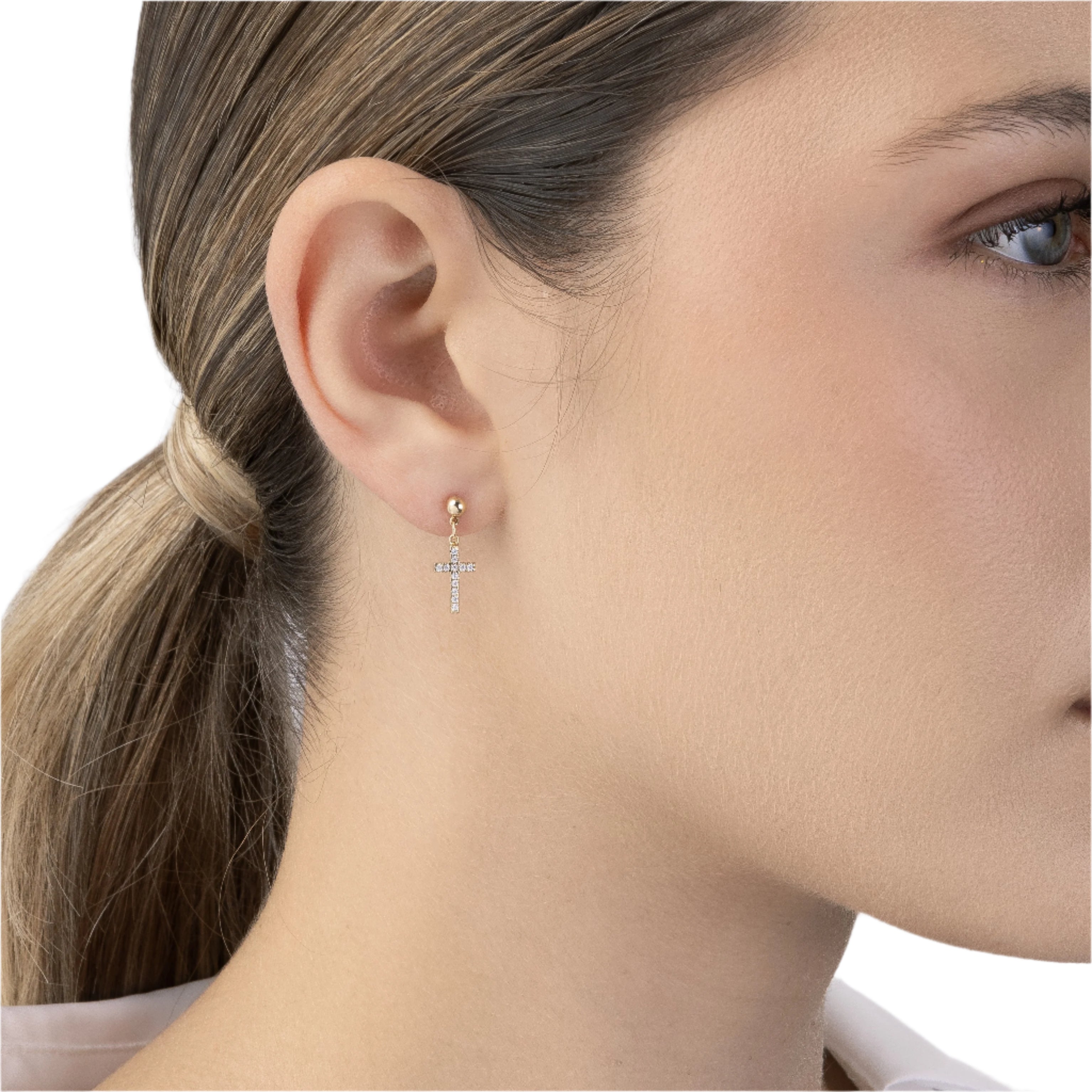 Aros Cruz de Oro Amarillo 14K con Circonita