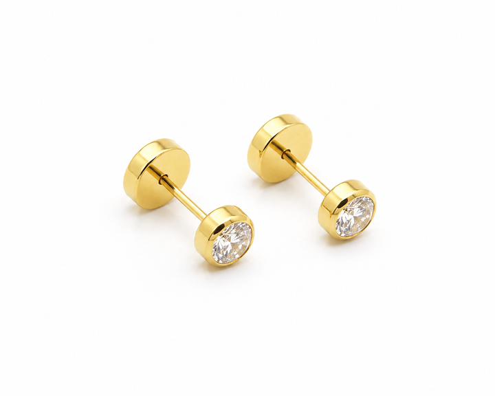 Aros Abridores Bebé Oro 18K Circón Bisel 4 mm