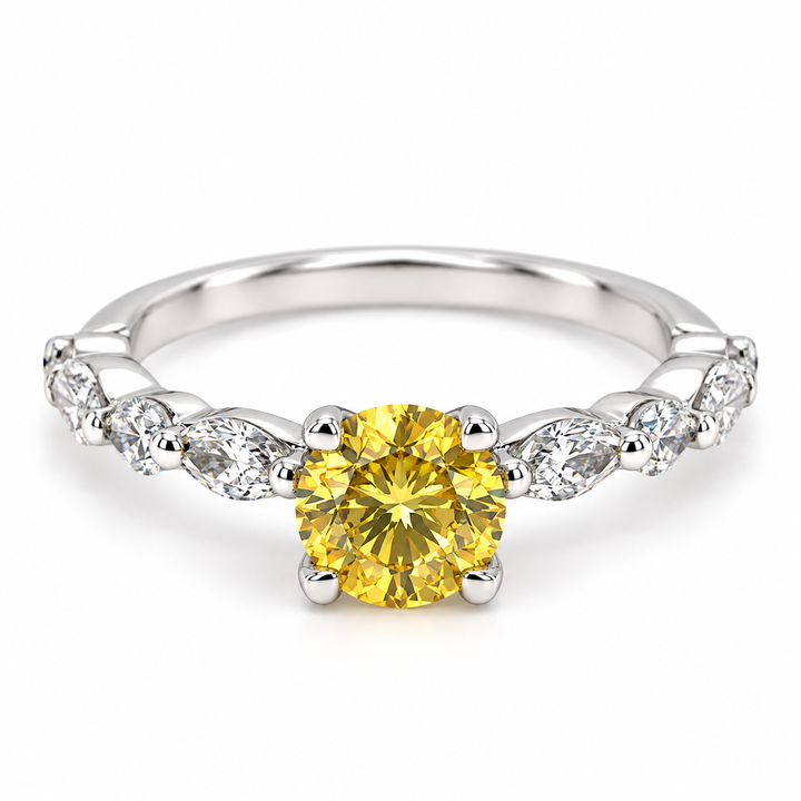 Anillo Solitario con Diamante Amarillo de Laboratorio 1 ct y Diamantes Marquise