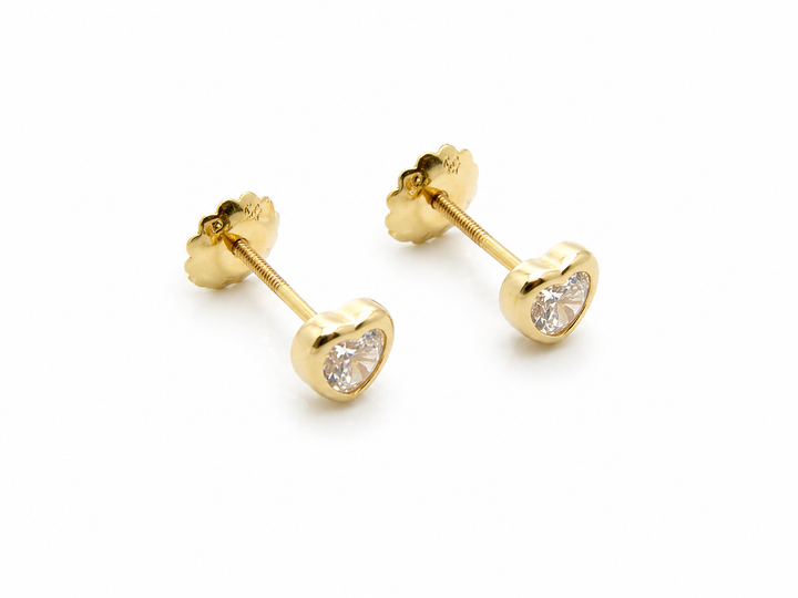 Aros de Oro 18K Niña Corazón Circón Bisel 4 mm con Tuerca