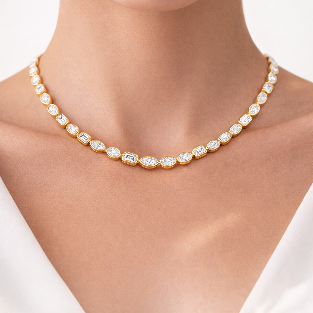 Collar Tennis Dorado de Moissanita Mixed Shapes 18.25 CT – Plata 925 Bañada en Oro