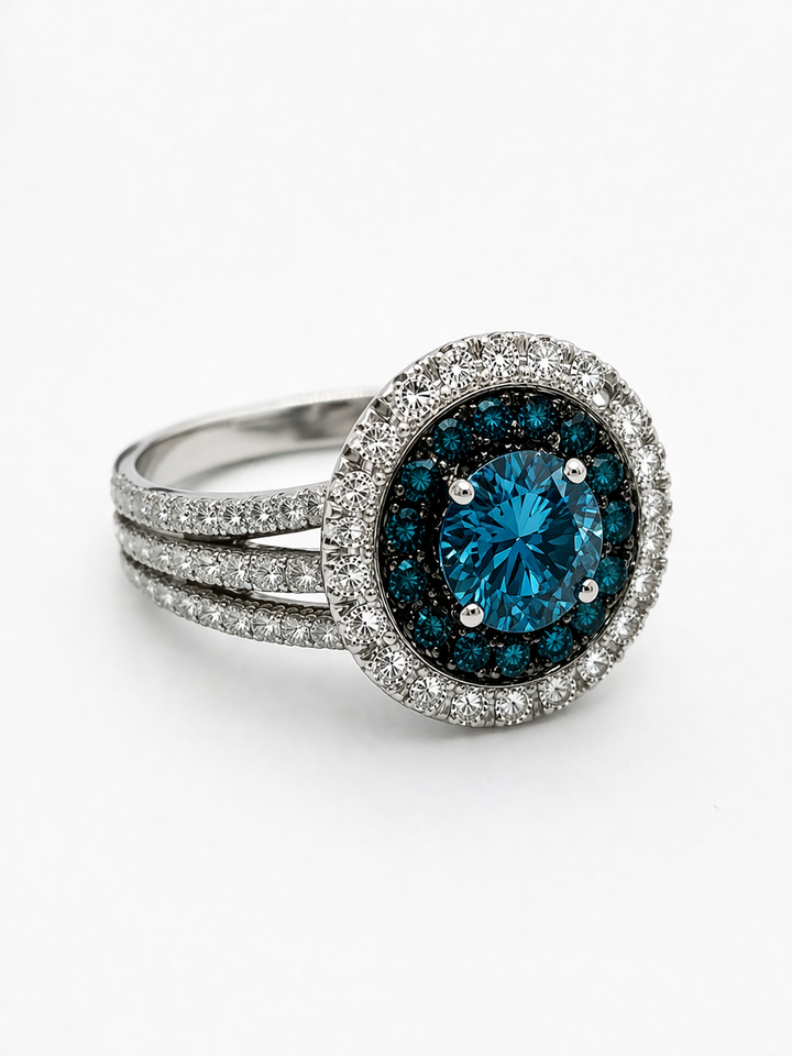 Anillo Halo Diamante Azul en Platino | Diamantes de Laboratorio IGI