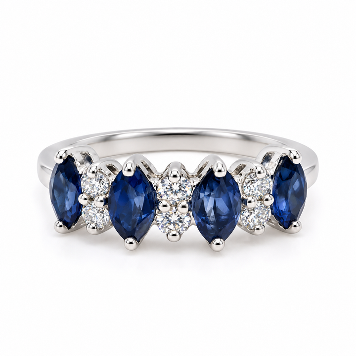 Anillo Quintillo de Zafiros Azules y Diamantes en Platino