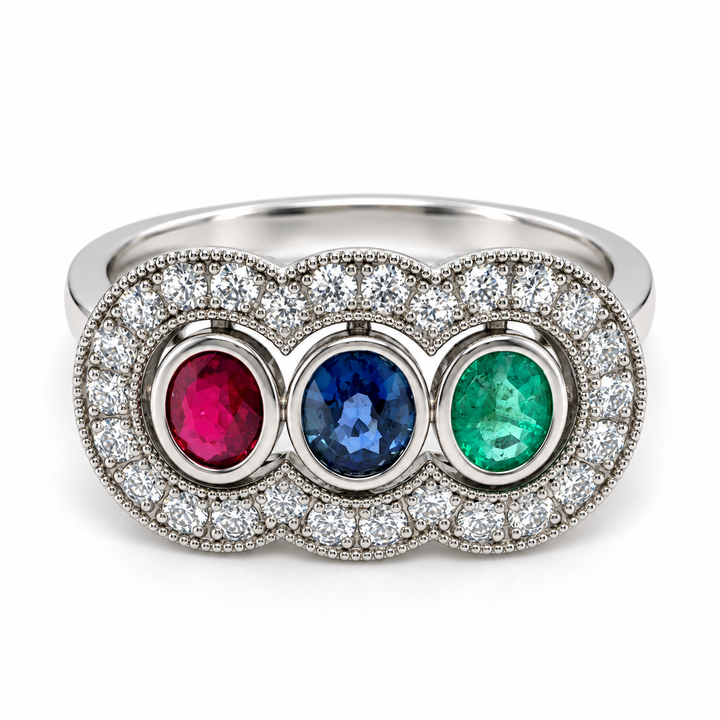Anillo de Rubí, Esmeralda y Zafiro Azul Naturales en Platino