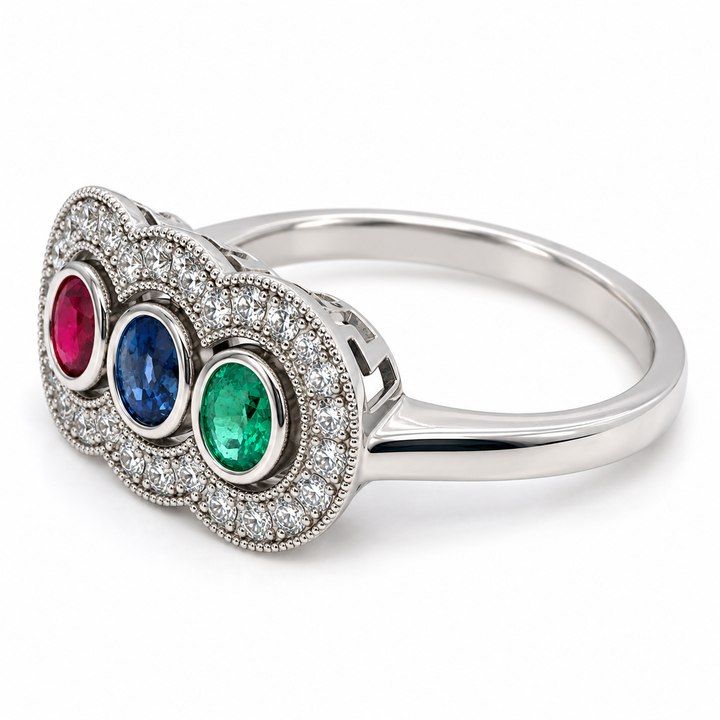 Anillo de Rubí, Esmeralda y Zafiro Azul Naturales en Platino