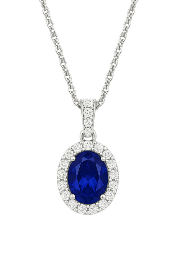 Colgante Oval de Zafiro de Laboratorio con Halo de Moissanite en Plata 925