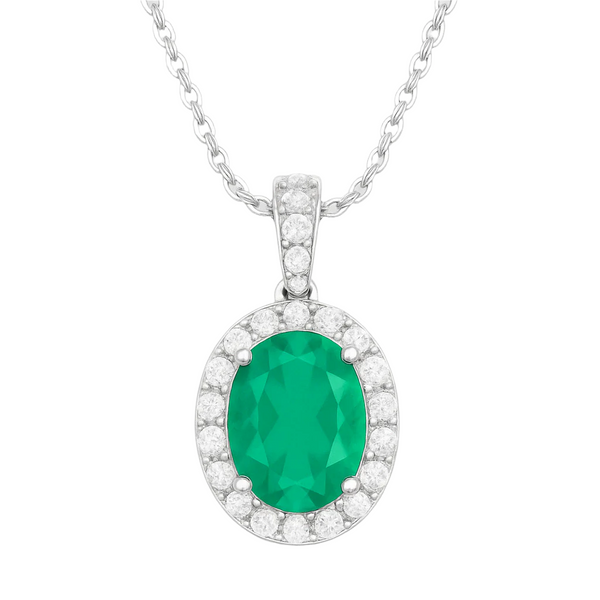 Colgante Oval de Esmeralda de Laboratorio con Halo de Moissanite en Plata 925