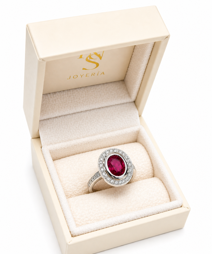 Anillo Halo Rodolita y Diamantes en Platino | Diseño Clásico Oval