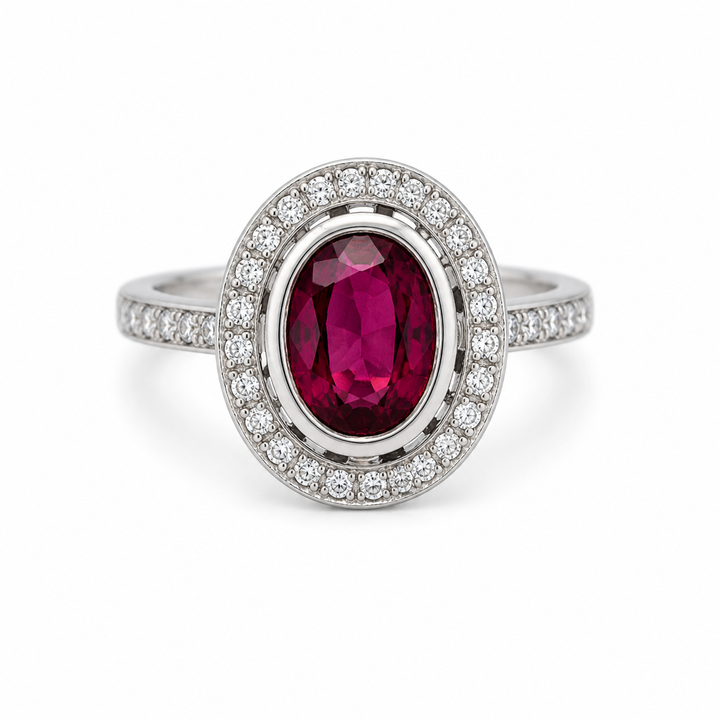 Anillo Halo Rodolita y Diamantes en Platino | Diseño Clásico Oval