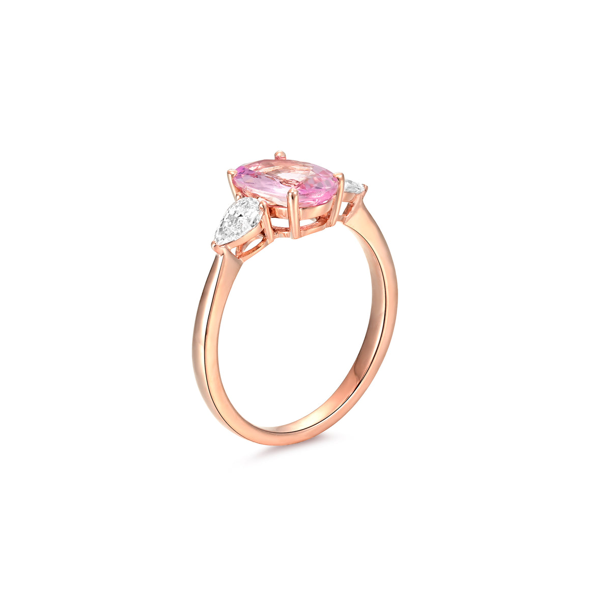 Anillo de Compromiso Zafiro Fancy Oval Rosado Tres Piedras Gota