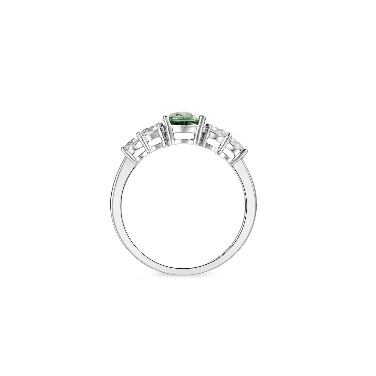 Anillo de Compromiso Zafiro Fancy Oval Verde Cinco Piedras.