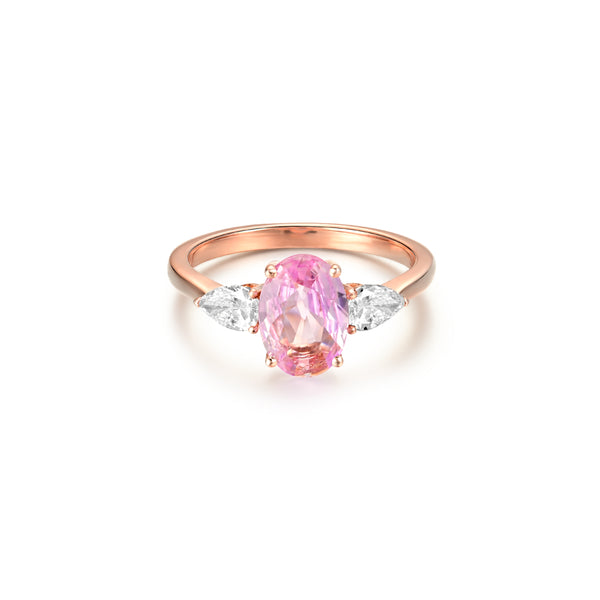 Anillo de Compromiso Zafiro Fancy Oval Rosado Tres Piedras Gota