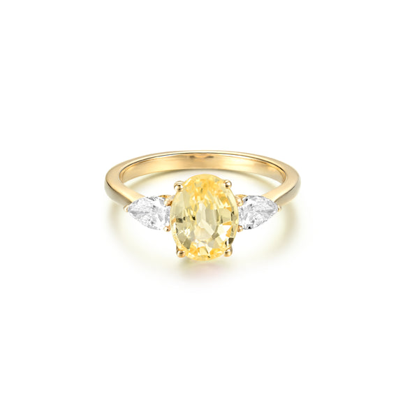 Anillo de Compromiso Zafiro Fancy Oval Amarillo Tres Piedras Gota