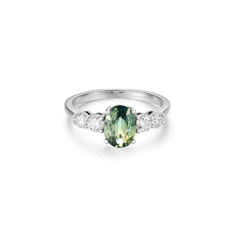 Anillo de Compromiso Zafiro Fancy Oval Verde Cinco Piedras.